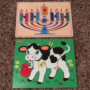 Two Wooden Toddler Kid Child Puzzles - Clara The Cow and Happy Hanukkah Menorah
